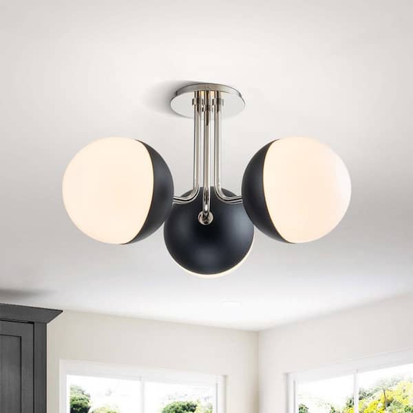19.7 in. 3-Light Polished Nickel + Matte Black Semi-Flush Mount with Opal Glass Shade and No Bulbs Included
