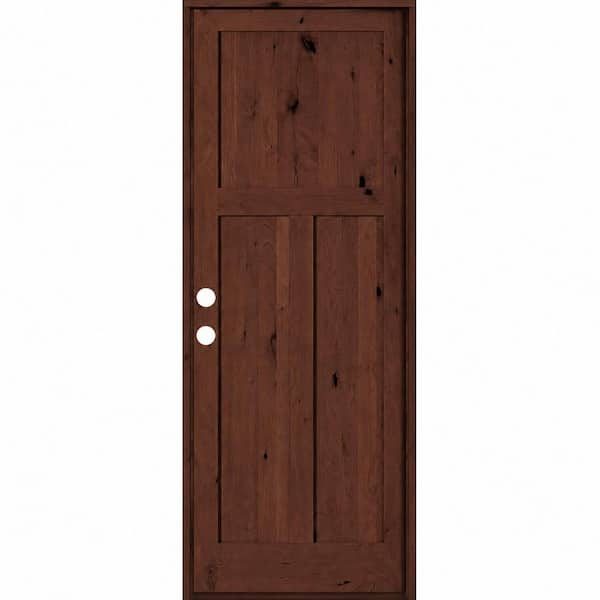 42 in. x 96 in. Rustic Knotty Alder 3 Panel Right-Hand/Inswing BEHR Red Mahogany Stain Wood Prehung Front Door