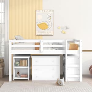 White Twin Size Low Study Loft Bed Frame with Storage Cabinet and Rolling Portable Desk for Kids and Teenagers