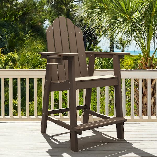 All-Weather Plastic Composite Outdoor Bar Stool Adirondack Arm Chairs with Cup Holder in Brown
