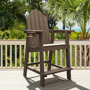 All-Weather Plastic Composite Outdoor Bar Stool Adirondack Arm Chairs with Cup Holder in Brown