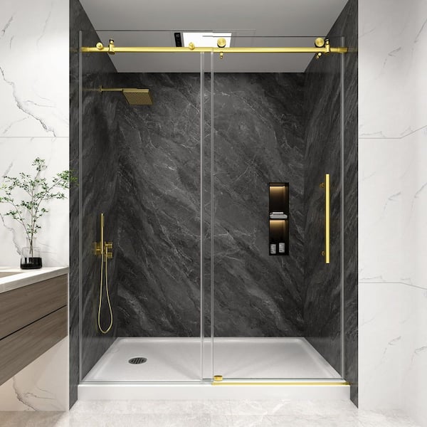 55-60 in. W x 76 in. H Frameless Sliding Shower Door in Brushed Gold with 1/4 in. Clear Glass