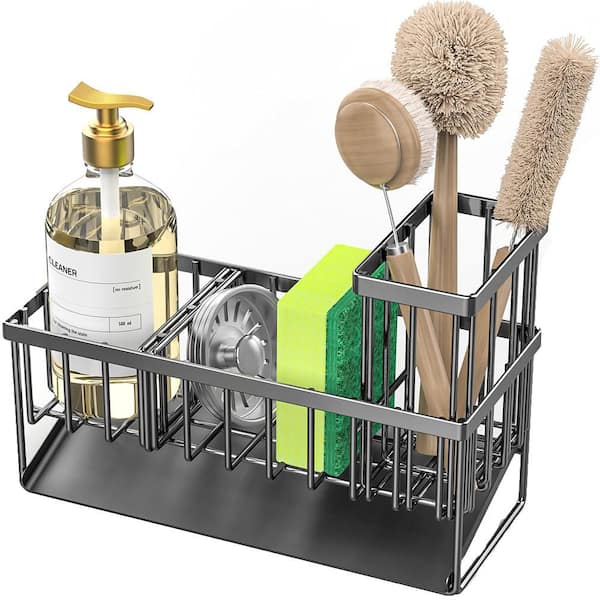 Silver 304 Stainless Steel Kitchen Sink Caddy Organizer with High Brush Holder Sponge Holder Automatic Drainage