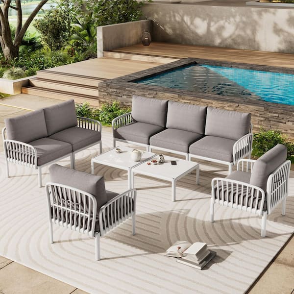 Sudzendf White 6-Piece Plastic Patio Conversation Sets with Two Square Coffee Table and Light Gray Cushions for Porch, Balcony