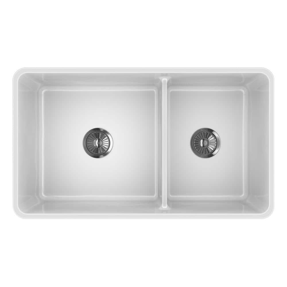 White Fireclay 33'' Double Bowl Farmhouse Sink