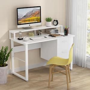 Kelly 47 in. Rectangular White Metal White Particle Board Wood 2 Drawer Computer Desk with Monitor Stand