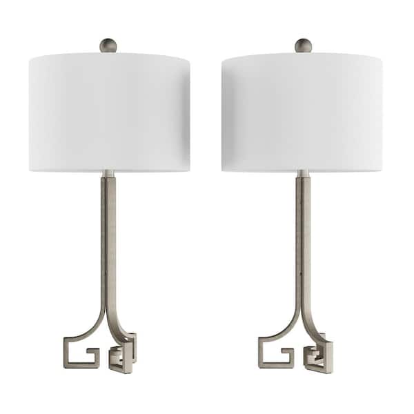 Lavish Home 28.75 in. Antique Silver Greek Key Design LED Table Lamps with Ivory Shades (Set of 2)