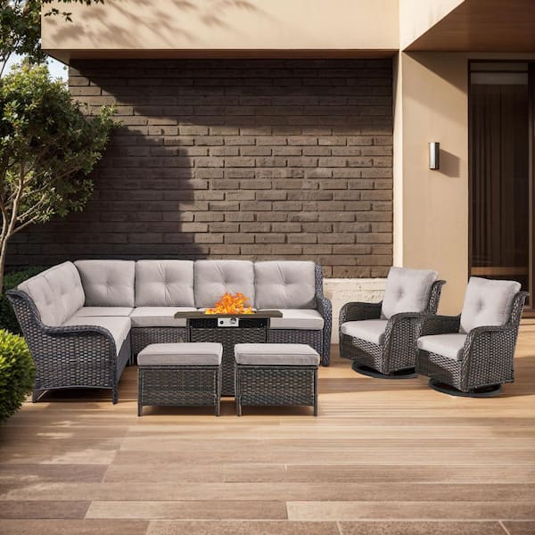 moosprr 7-Piece Brown Wicker Fire Pit Conversation Set with Olefin Beige Cushions L-Shaped Sofa with Ottoman/Swivel Patio Chair