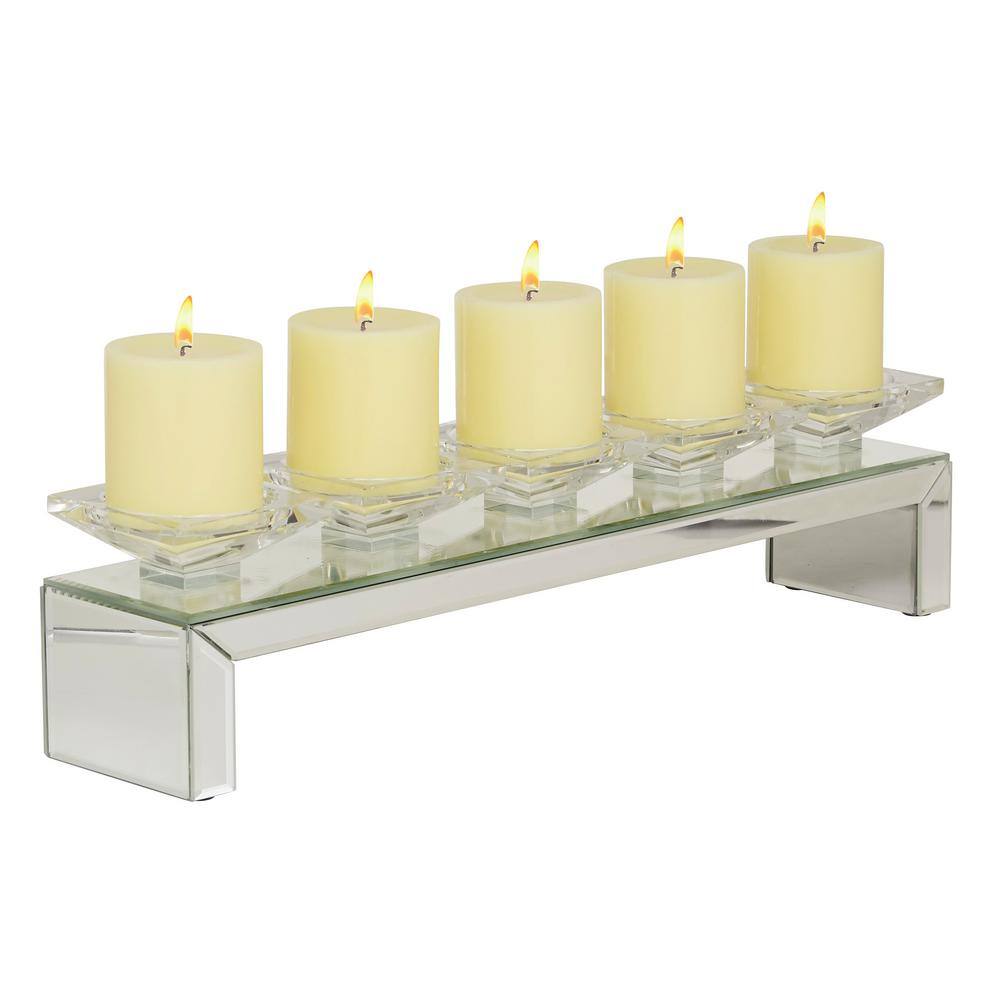 Silver Wood 5-Plate Candlestick Holder with Mirrored Base
