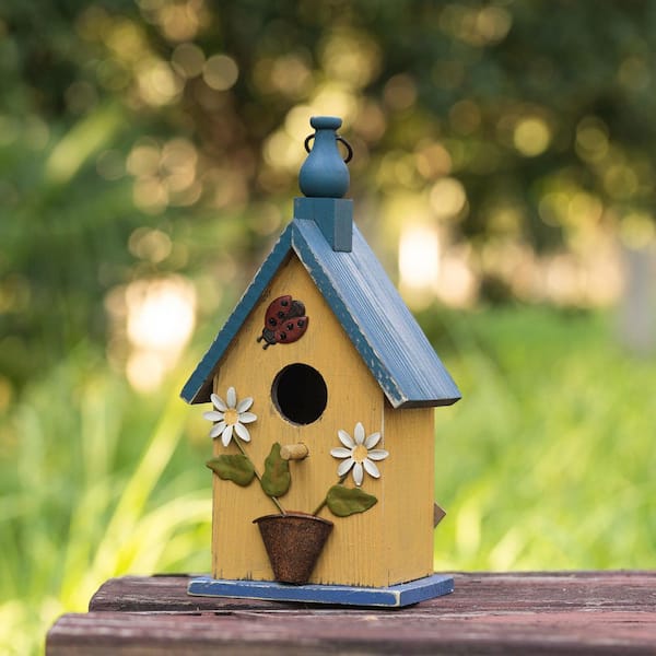 Glitzhome 12.25 in. H Washed Yellow Distressed Solid Wood Cottage