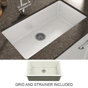 Yorkshire Undermount Fireclay 31.5 in. Single Bowl Kitchen Sink with Grid and Strainer in White
