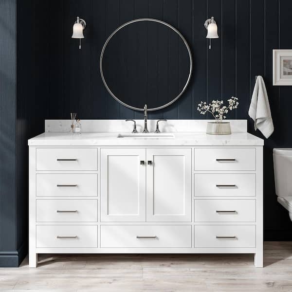 ARIEL Cambridge 66 in. W x 22 in. D x 36 in. H Single Rectangle Sink Bath Vanity in White with Carrara White Quartz Top