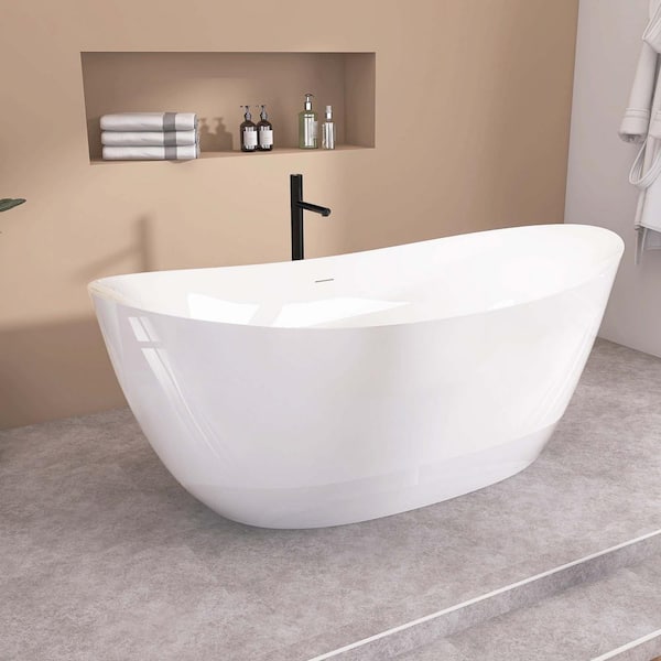 69 in. x33 in. Acrylic Freestanding Soaking Bathtub Double Slipper with Center Drain Free Stand-Alone Tub Glossy White