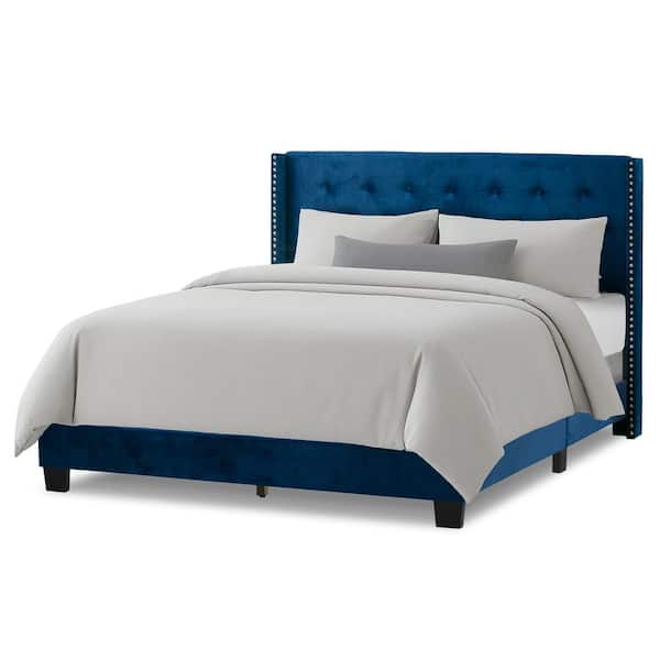 Glamour Home Asali Navy Blue Velvet Queen Bed with Button Tufting and Nail Headed Wings