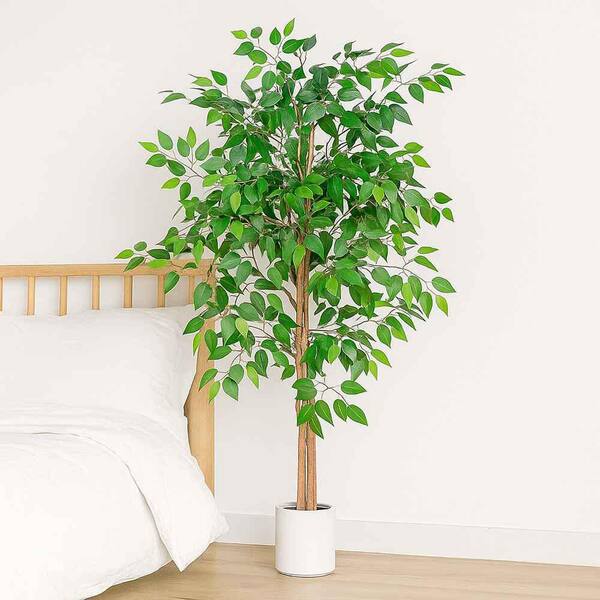 VIVATREES 5 ft. Artificial Ficus Tree Weeping Fig in White Pot