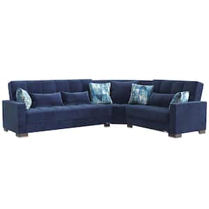 Basics Collection 3-Piece 108.7 in. Microfiber Convertible Sofa Bed Sectional 6-Seater With Storage, Blue