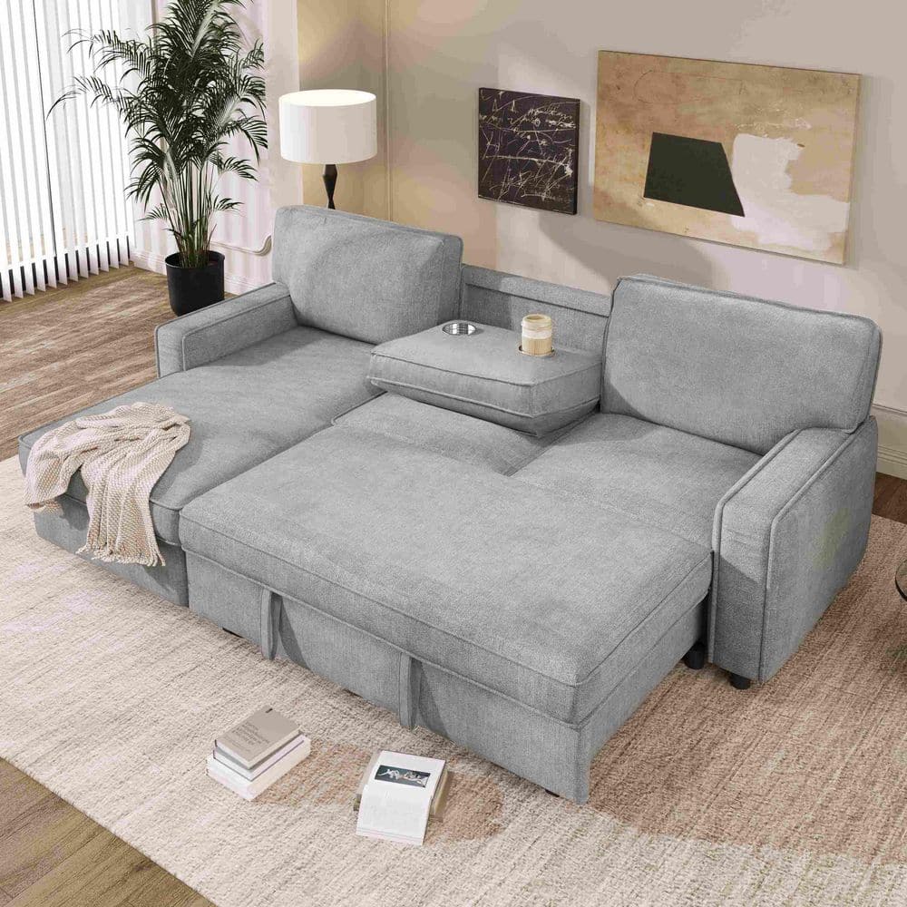89 in. Square Arm Polyester L-Shaped Sofa in Gray with Storage Space, USB Port and 2 Cup Holders