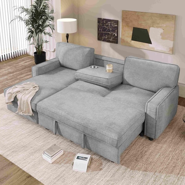 89 in. Square Arm Polyester L-Shaped Sofa in Gray with Storage Space, USB Port and 2 Cup Holders