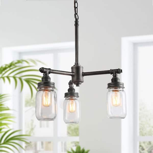 Lnc Vasei 16 9 In 3 Light Rustic Pewter Chandelier With Modern Industrial Dark Gray Accents And Clear Mason Jar Glass Shade A03479 The Home Depot - Glass Jar Pendant Light