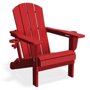 Classic Red Folding Plastic Adirondack Chairs with 2-Cup Holders-Weather Resistant Patio Outdoor Chair (Set of 1)