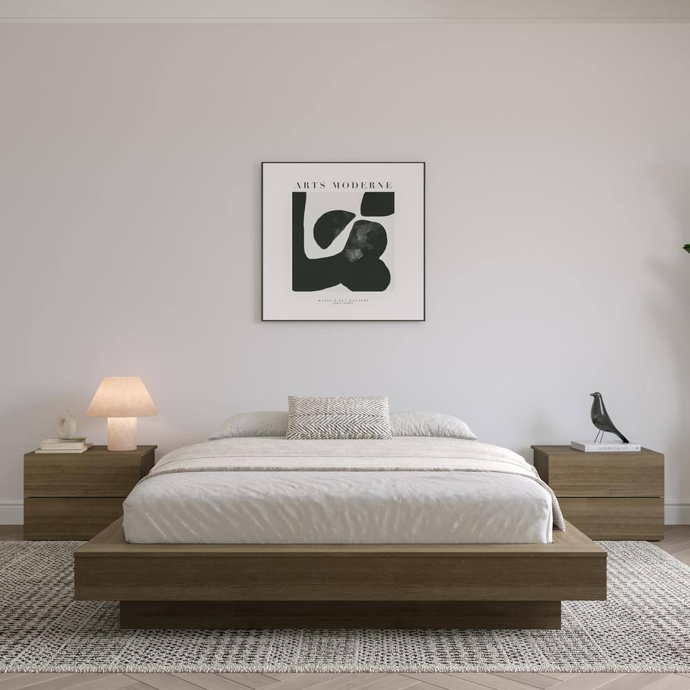 Natural Oak Queen Upholstered Platform Bed Frame