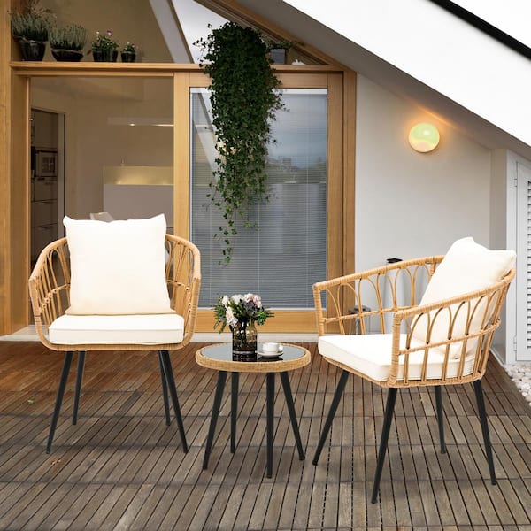 Wateday Outdoor Brown 3-Piece Wicker Patio Conversation Seating Set with Beige Cushions