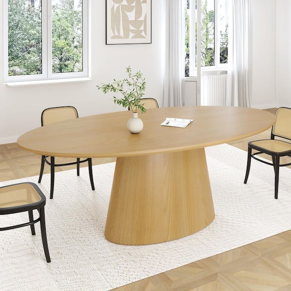 Oval Natural Wooden Solid Wood 72 in. Pedestal Base Wood Dining Table Seats 8