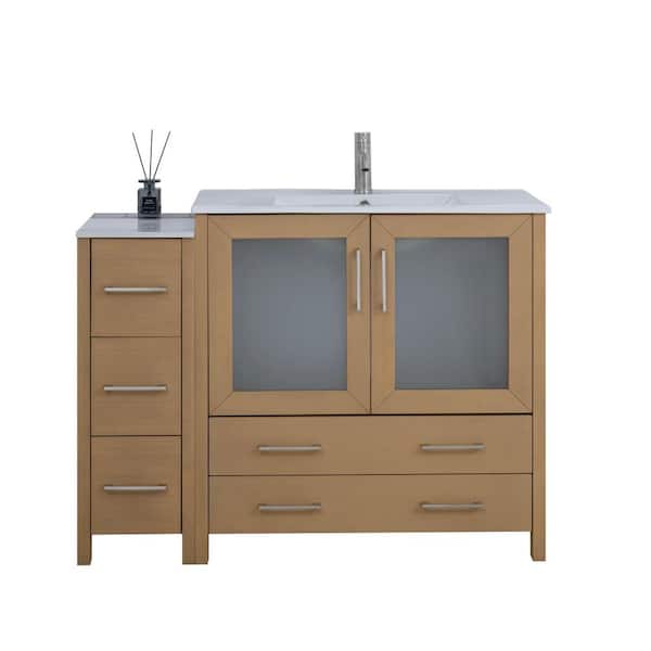 Vanity Art 48 in. W x 18 in. D x 36 in. H Natural Oak Bath Vanity with White Ceramic Top and Mirror