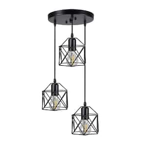 E26 60-Watt 3 Lights Black Island Pendant Light with Cage Metal Shade and Light Bulb Type not Included