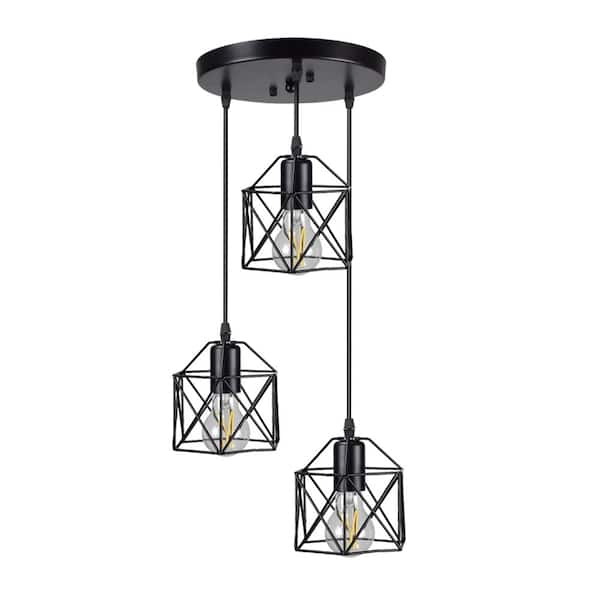Depuley E26 60-Watt 3 Lights Black Island Pendant Light with Cage Metal Shade and Light Bulb Type not Included