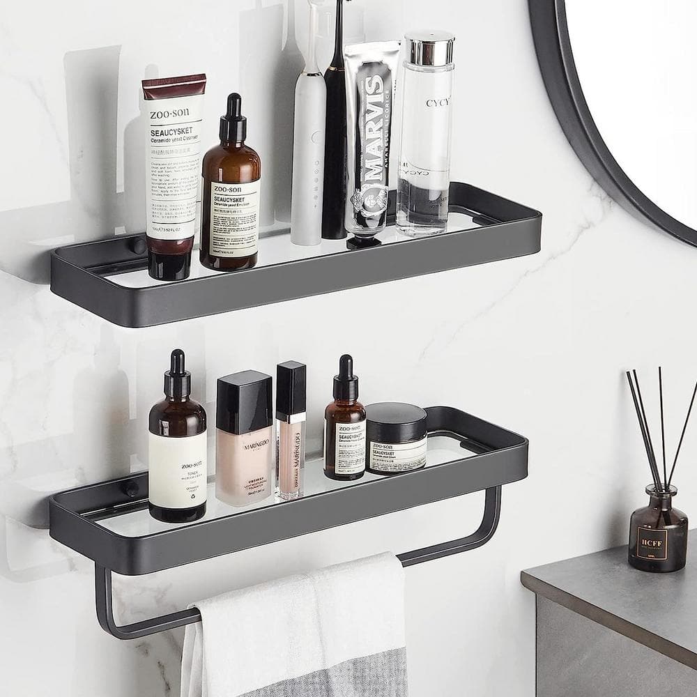 Bathroom Shelf With Towel Bar Wall Mounted Space Aluminum Bath Shower Shelf  Black Bath Shampoo Holder Toilet Shelf Organizer - Bathroom Shelves -  AliExpress