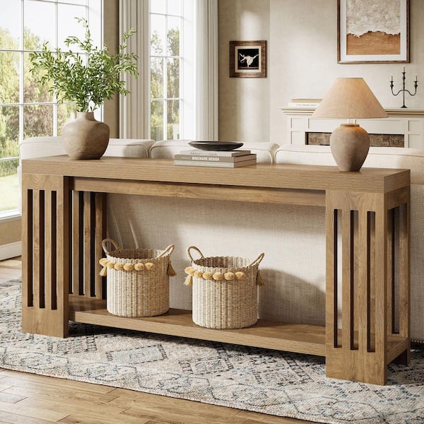 BYBLIGHT Turrella 70.9 in. Light Brown Entryway Table, Rectangle Wood Console Tables with Vertical Stripe Legs for Living Room