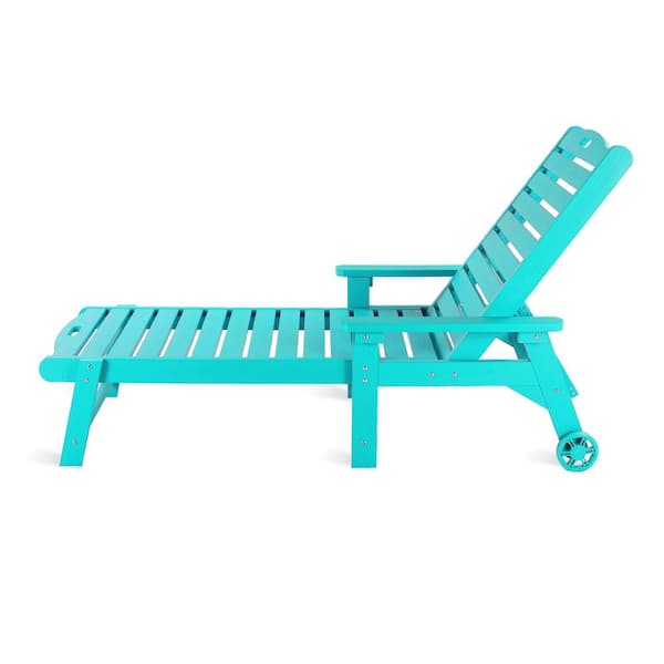 Oversized Plastic Outdoor Chaise Lounge Chair with Wheels and Adjustable Backrest for Poolside Patio(set of 4)ArubaBlue