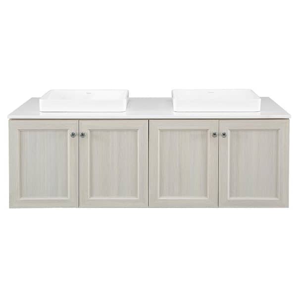 Home Decorators Collection Brunfield 61 in. W x 22 in. D Vanity Cabinet in Light Grey with Engineered Stone Vanity Top in White with White Sinks