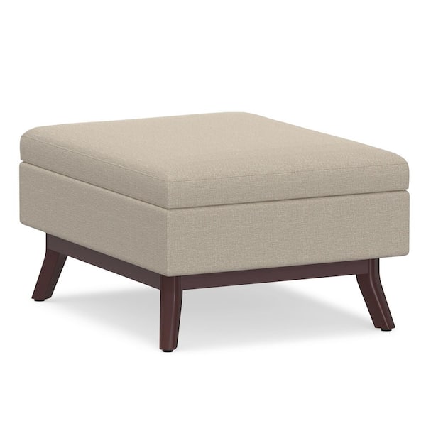 Owen 34 in. Wide Mid Century Modern Rectangle Coffee Table Storage Ottoman in Natural Linen Look Fabric, Assembled