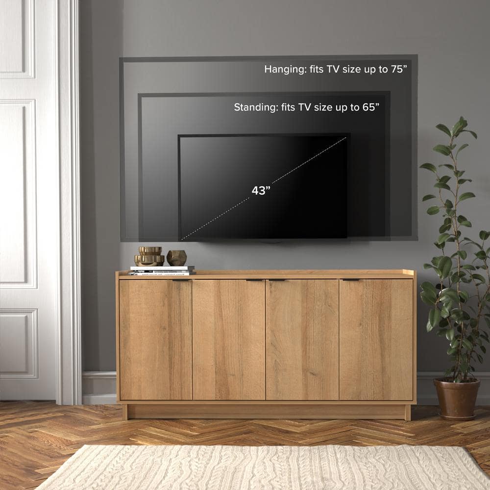 Oak 4-Door Light Wood Accent Cabinet with Adjustable Shelves