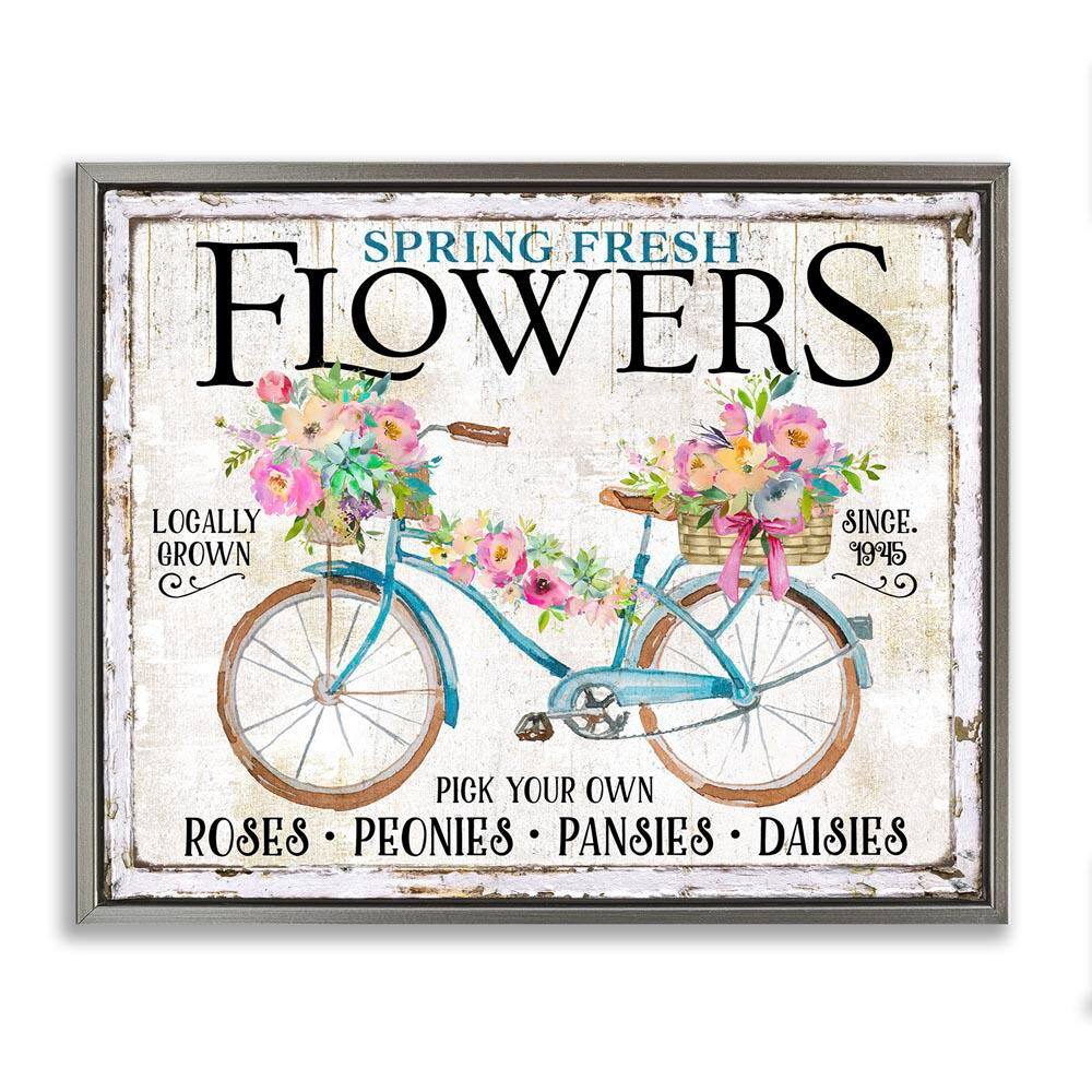Spring Fresh Flowers & Bike by Creatif Belle Gray Floater Frame Nature Graphic Art Print 17 in. x 21 in.