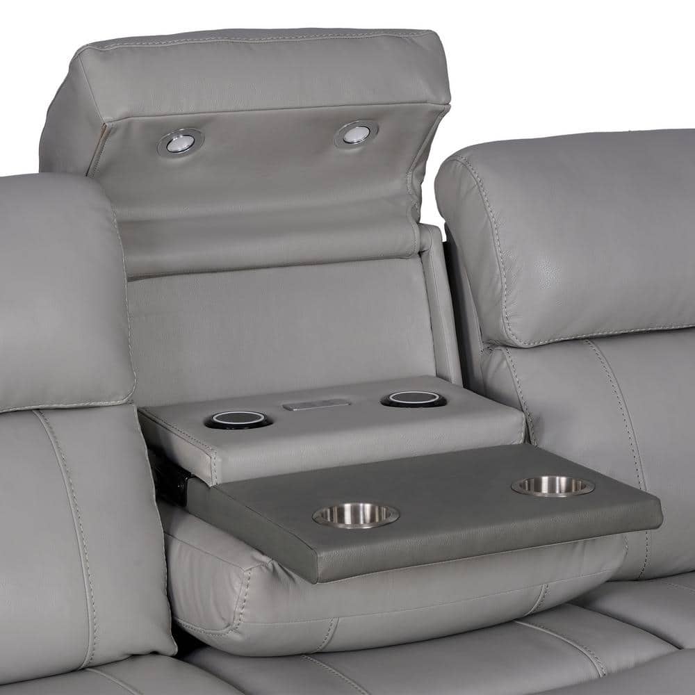 Rosalyn 87" Gray Faux Leather Reclining Sofa with Cup Holders