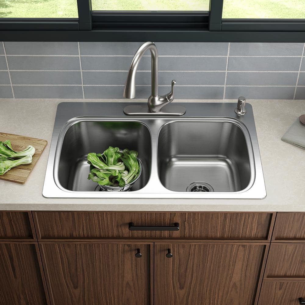 33'' Brushed Stainless Steel Double Bowl Drop-In Kitchen Sink