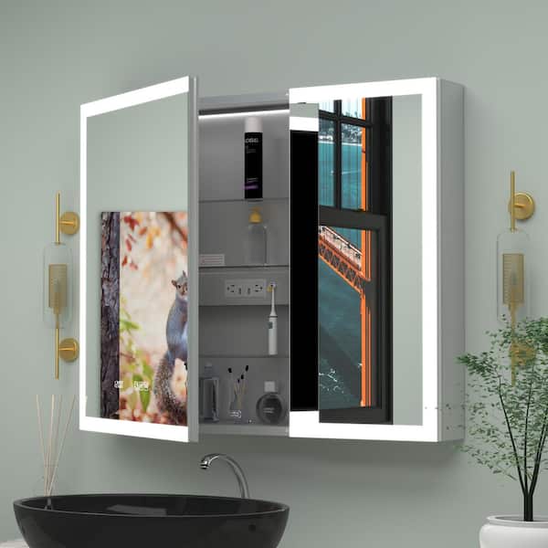 36 in. W x 30 in. H Rectangular Silver Aluminum Recessed/Surface Mount Medicine Cabinet with Mirror LED and Clock