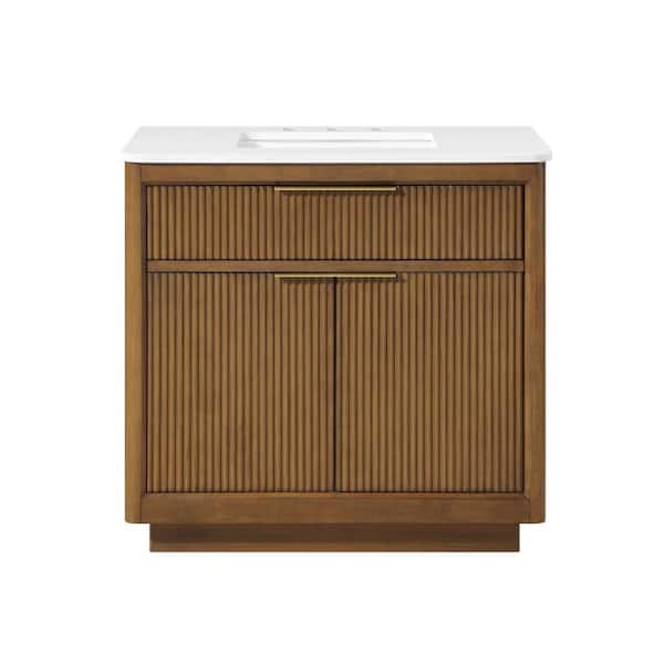 Xander 36 in. Single Sink Freestanding Warm Walnut Bath Vanity with White Engineered Stone Top