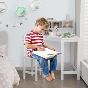 2-Piece Kids Wood Top White Corner Desk and Chair Set Wooden Study Writing Workstation with Storage and Hutch