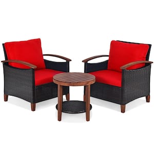 Brown 3-Piece Wicker Patio Conversation Set Outdoor Rattan Bistro Set with Red Cushions