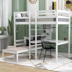 White COnvertible Loft Bed with L-Shape DeskandShelves