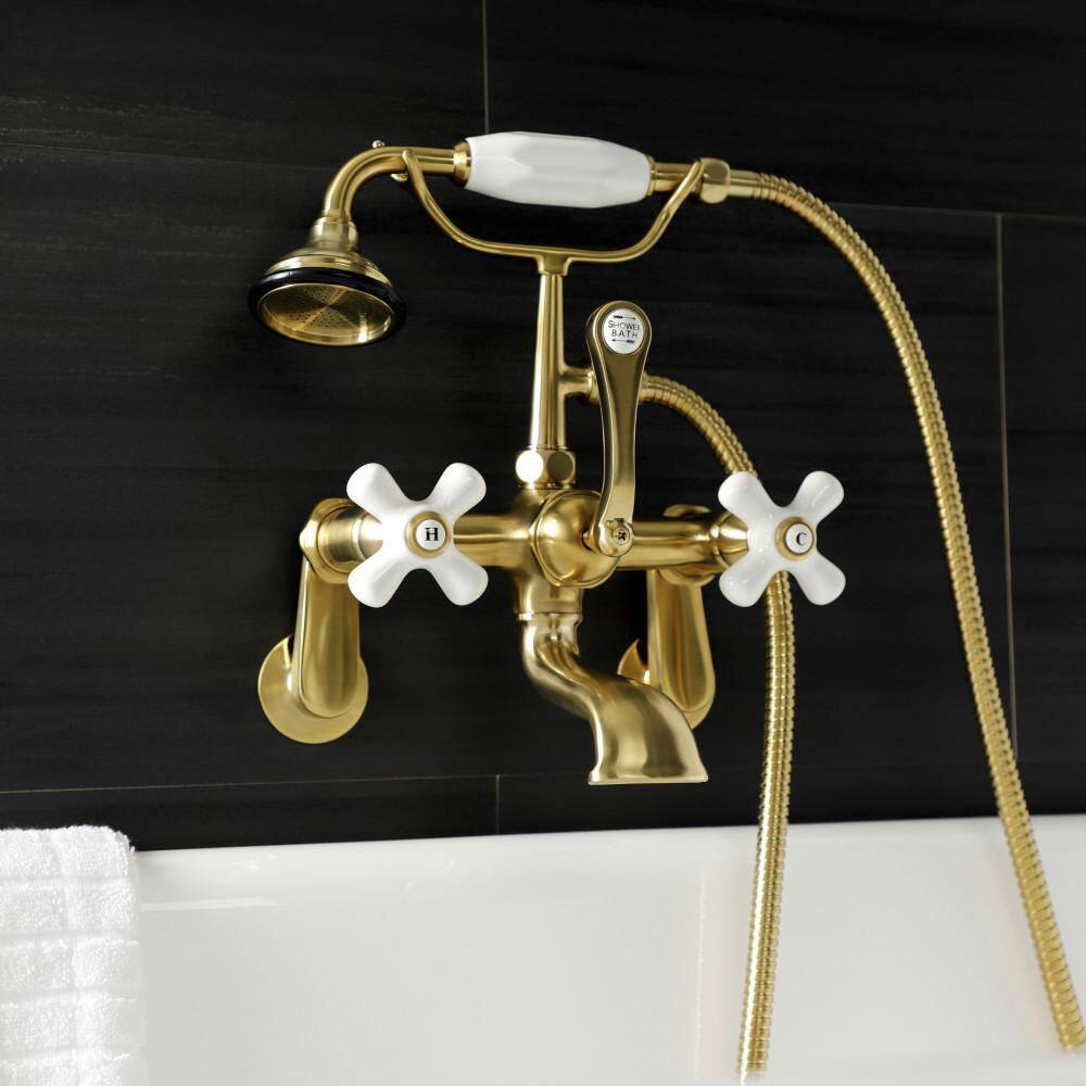 Brushed Brass Vintage Wall Mount Clawfoot Tub Faucet with Hand Shower