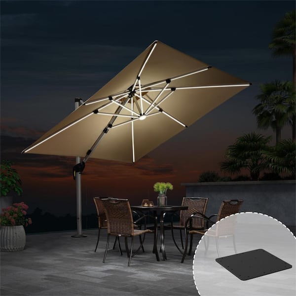 PURPLE LEAF 9 ft. Square Aluminum Solar Powered LED Patio Cantilever Offset Umbrella with Base Plate, Beige