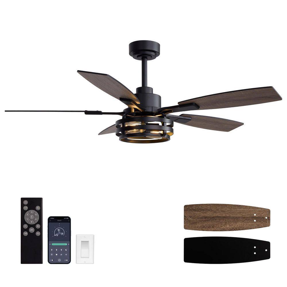 52 in. Indoor Modern Black Standard Caged Ceiling Fan with Lights and Remote Smart APP Control Downrod Mount Included price history on PriceWatchPro