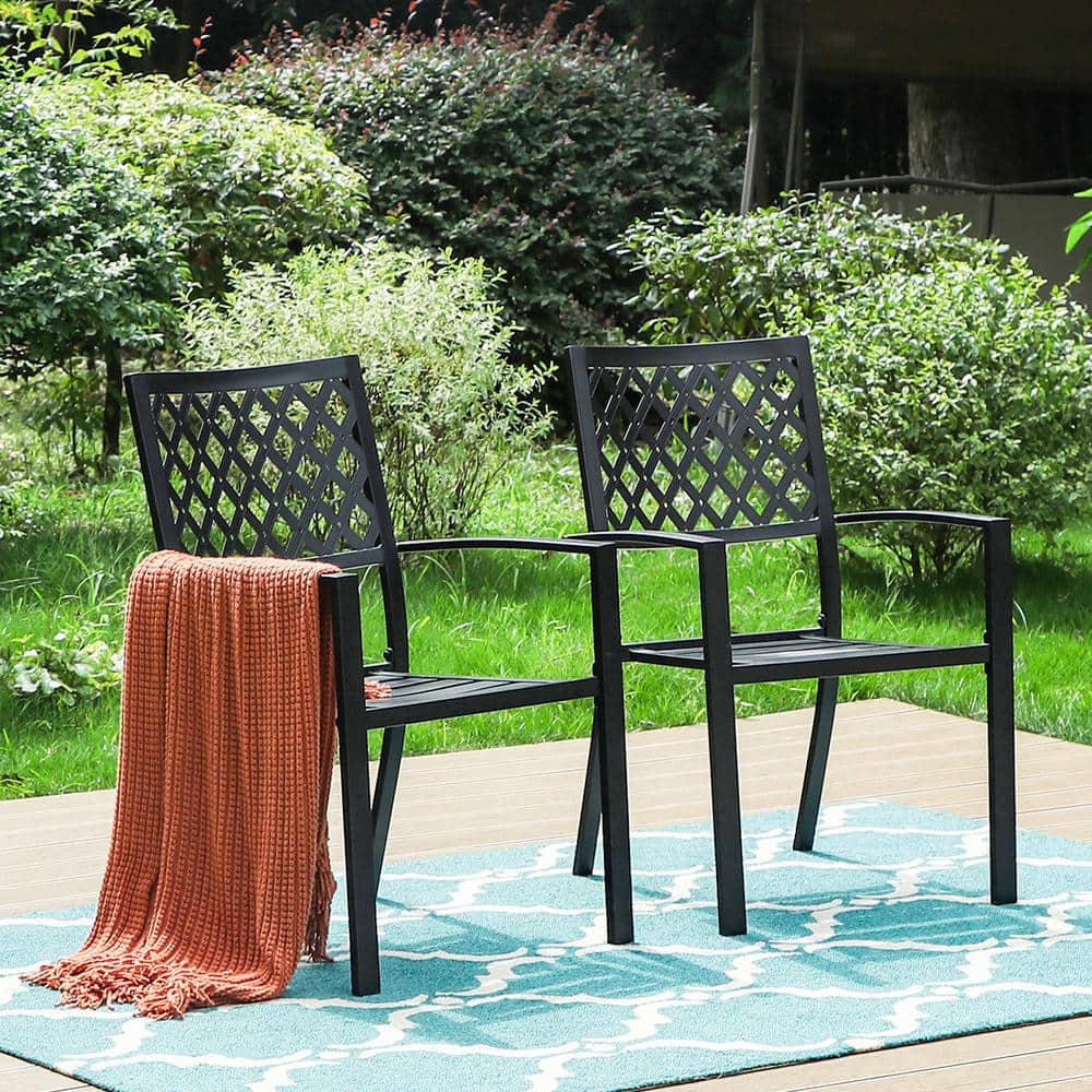 Black Steel Stackable Outdoor Dining Armchairs with Lattice Back (Set of 4)