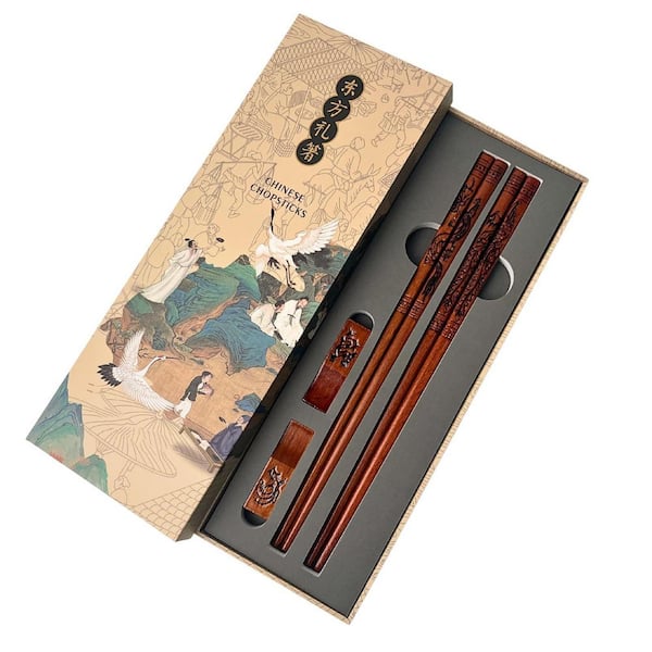 2 Pairs Reusable Wooden Chopsticks Set, Hand-Carved Dragon and Phoenix Design, Non-Slip Grip