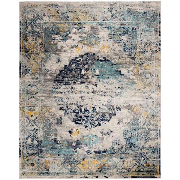 SAFAVIEH Madison Light Gray/Blue 8 ft. x 10 ft. Distressed Floral Medallion Area Rug